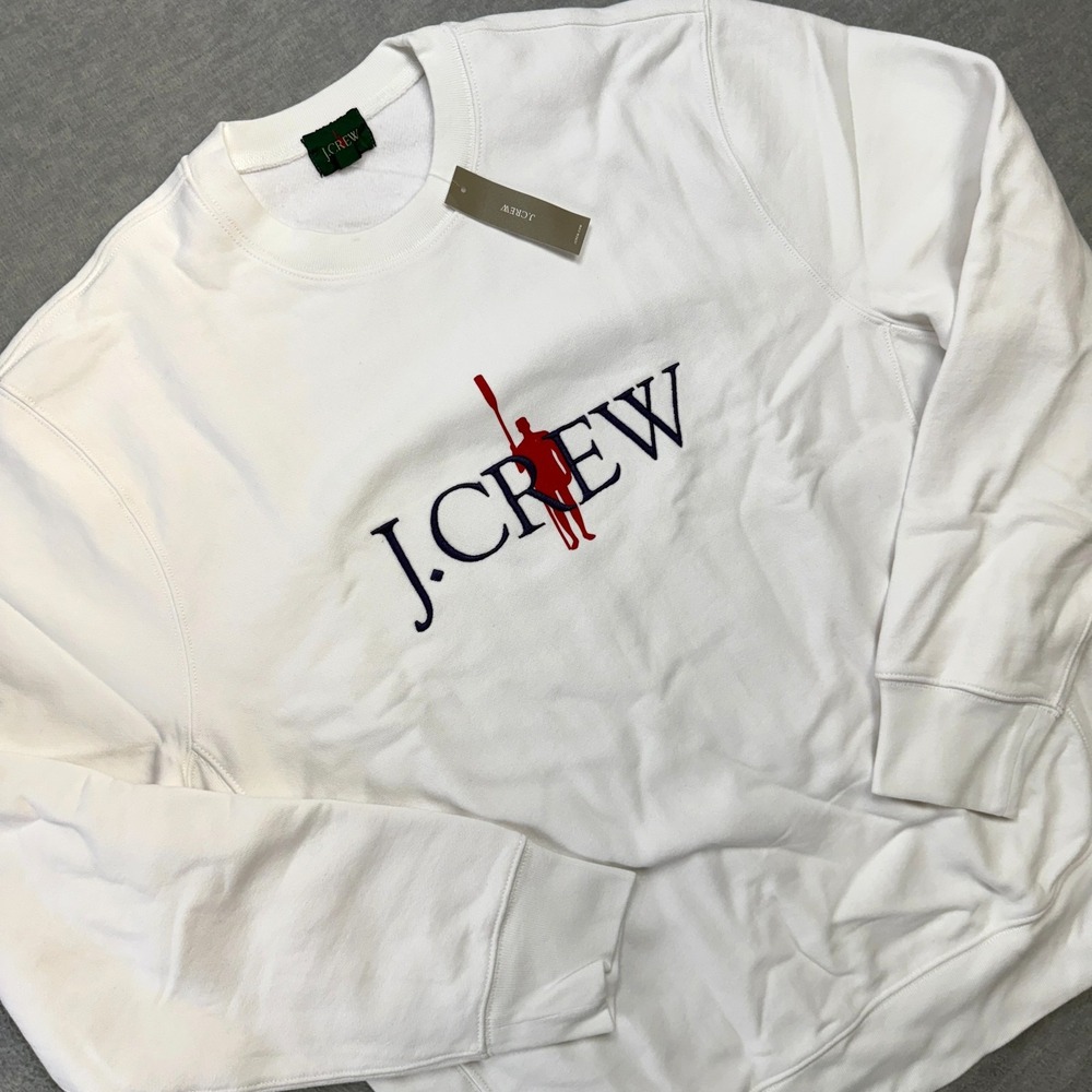 J Crew Sweatshirt Mens Large White Heritage Oarsman Graphic 14 Oz Fleece NEW